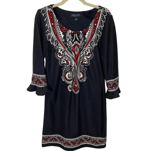 Perceptions New York Flare Long Sleeve Pattern Dress Knee Length Modest Dress - Picture 1 of 6